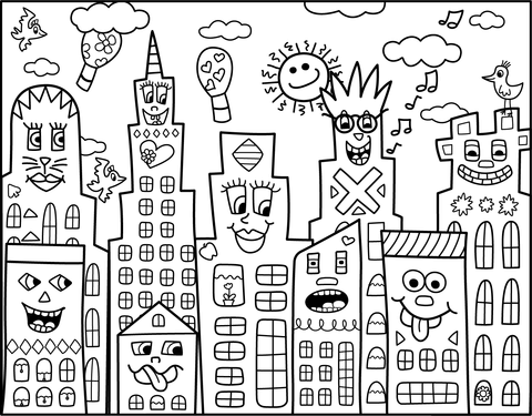 Cityscapes In The Style Of James Rizzi Coloring Page